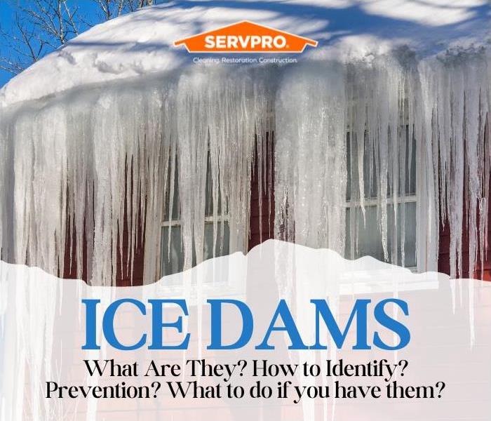 a picture of ice dams with the words ICE DAMS, What Are They? How to Identify? Prevention? What to do if you have them?